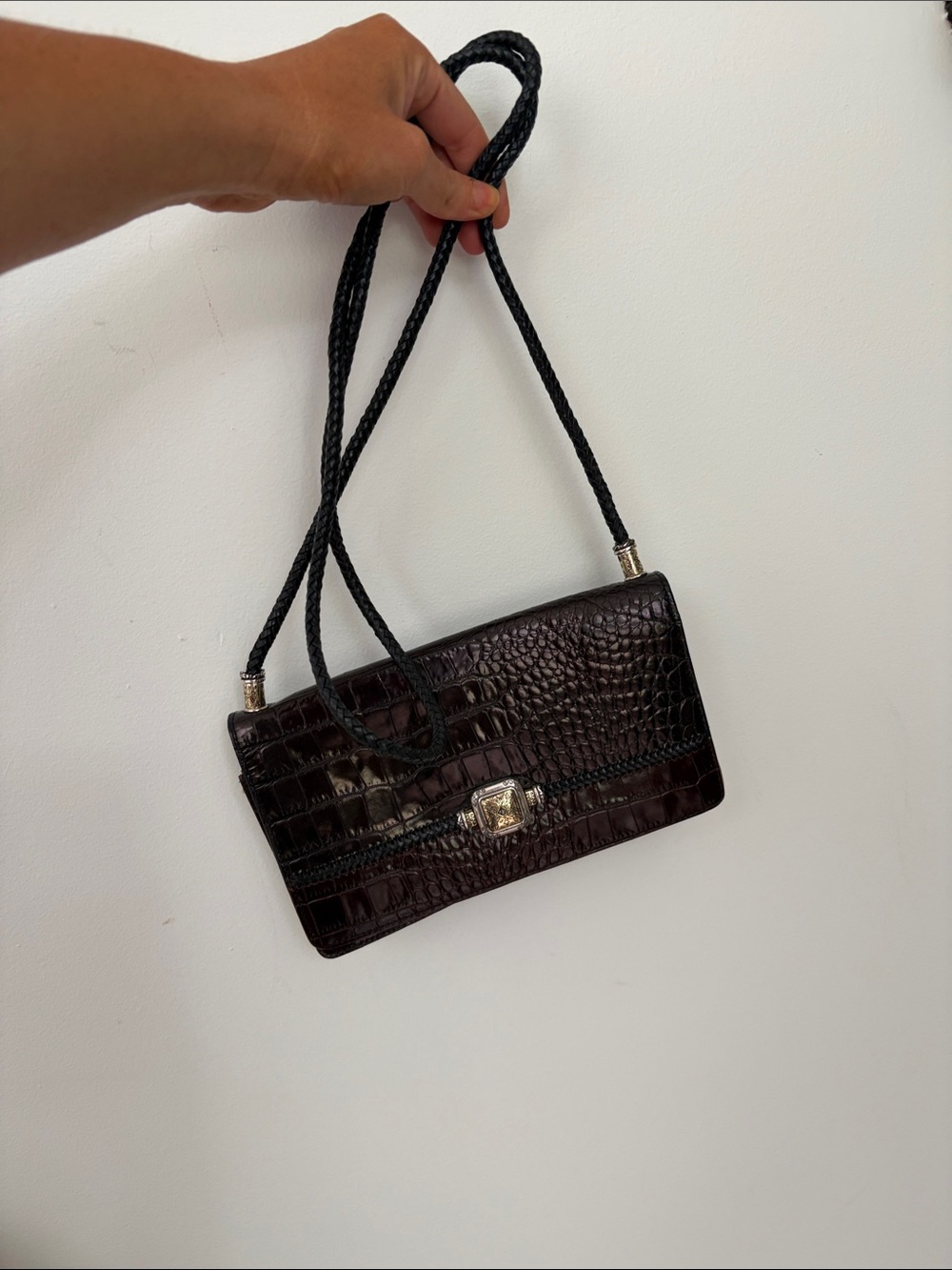 Vintage Dark Brown Croc-Embossed Shoulder Bag